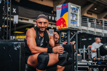 Participant of the pro men category poses for a portrait after the race at the Hyrox World Championship in Nice, France, on 8th June 2024.