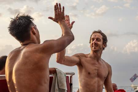 In 2023, Gary Hunt and Sergio Guzman celebrate at Polignano a Mare, Italy during the Red Bull Cliff Diving World Series event