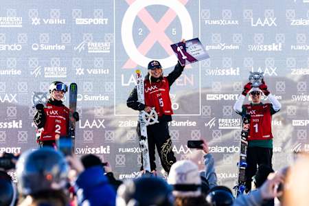 Eileen Gu celebrates victory at the Laax Open 2025 with Mathilde Gremaud in third place.