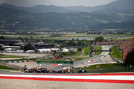Max Verstappen driving the Oracle Red Bull Racing RB20 at the start during the F1 Grand Prix of Austria at Red Bull Ring on June 30, 2024.