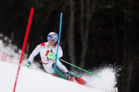 In the 2024-2025 season, Lucas Pinheiro Braathen carves through snow during the Hahnenkamm Slalom Race in Kitzbühel, Austria.