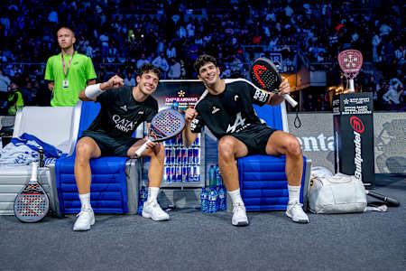 In 2024, Arturo Coello and Agustin Tapia celebrate at Premier Padel Finals in Barcelona.