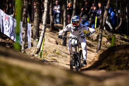 Jackson Goldstone performs during the race at UCI Mountain Bike World Cup 2025 - Mont-Saint-Anne, Canada on October 11, 2025.