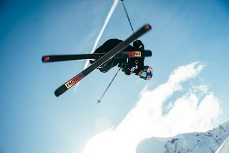 Eileen Gu performs an aerial trick at the halfpipe in Kitzsteinhorn, Austria on November 23, 2023.