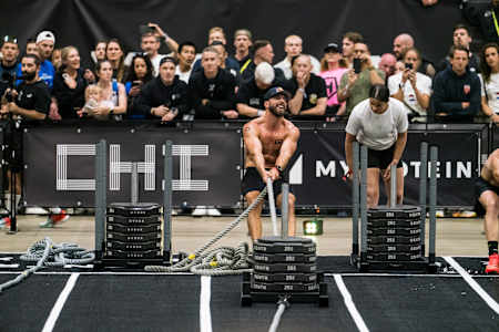 Alexander Rončević powers through the Sled Pull station at the HYROX World Championships in Chicago 