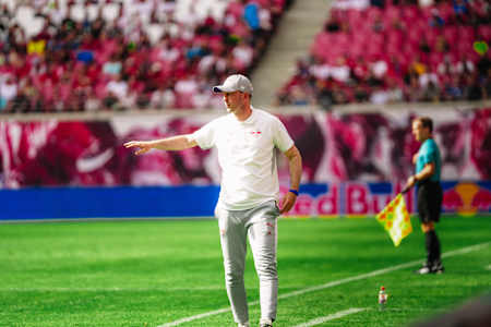 During the RB Leipzig vs Atalanta Bergamo test match at Red Bull Arena Leipzig on 2 August 2025, RB Leipzig coach Ole Werner gives instructions on the touchline in the 2025-2026 season