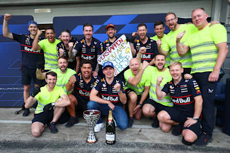 Third placed Max Verstappen celebrates with team-mates during the F1 Grand Prix of Brazil at Autodromo Jose Carlos Pace on November 09, 2025 in Sao Paulo, Brazil. 