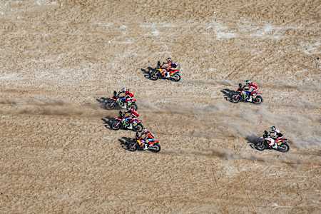 Luciano Benavides, Edgar Canet and Daniel Sanders racing other competitors at the mass start of during the Stage 12 of the Dakar 2025 on January 17, 2025 around Subaytah, Saudi Arabia   