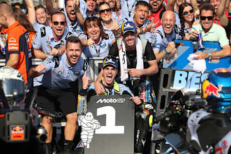 Fermin Aldeguer and Alex Marquez celebrate during Stop 18 of the MotoGP World Championship at the Mandalika International Street Circuit in Indonesia on October 5, 2025.   