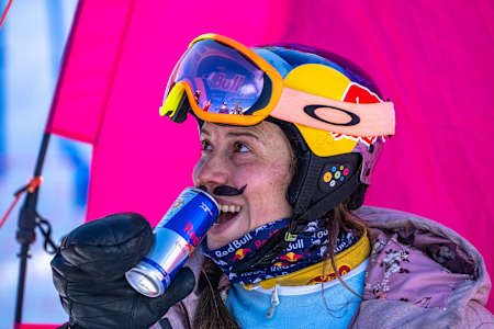 Eva Adamczyková drinking Red Bull during FIS Snowboard Cross World Cup in Bakuriani, Georgia, on March 4, 2021. 