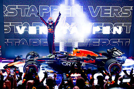 Max Verstappen celebrates on arrival in parc ferme during the F1 Grand Prix of Qatar at Lusail International Circuit on November 30, 2025 in Lusail City, Qatar. 