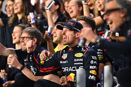 Max Verstappen celebrates with his team during the F1 Grand Prix of Qatar at Lusail International Circuit on November 30, 2025 in Lusail City, Qatar.