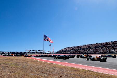 Max Verstappen leads the field at the start during the F1 Grand Prix of United States at Circuit of The Americas on October 19, 2025 in Austin, Texas.