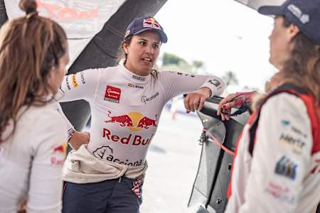 Cristina Gutierrez, Laia Sanz and Dania Akeel are seen at the 2nd stage of Abu Dhabi Desert Challenge 2024 in Abu Dhabi , UAE on February 28, 2024