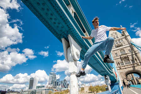 Freerunner Pavel 'Pasha' Petkuns pictured on Tower Bridge in London, England.