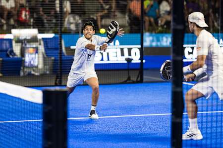 Federico Chingotto of Argentina and Alejandro Galan of Spain compete during the BNL Italy Major Premier Padel in Rome, Italy on June 23, 2024.