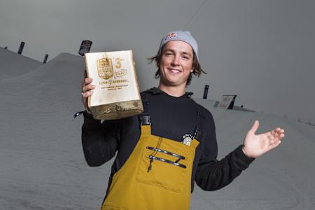 In 2015, Scotty James celebrates his 3rd place trophy at Red Bull Double Pipe in Aspen, Colorado.
