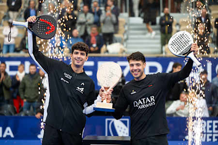 Arturo Coello of Spain and Agustín Tapia of Argentina on stage after winning the Greenweez Paris Major, at Roland-Garros stadium in Paris, France on October 6, 2024.