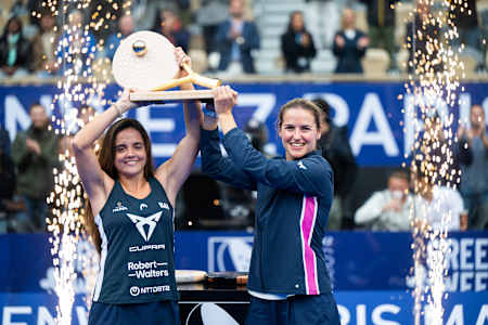Paula Josemaria Martin of Spain and Ariana Sanchez Fallada of Spain celebrate victory at the Greenweez Paris Major, at Roland-Garros stadium in Paris, France on October 6, 2024.