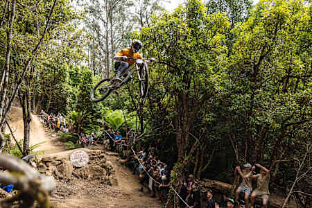 Gee Atherton performs during seeding at Red Bull Hardline, Tasmania, on February 7, 2025.
