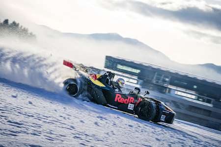 In 2021, a KTM X-BOW drifts over snow at the Red Bull Ring.
