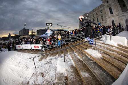 Veda Hallen performs a rail slide at the Red Bull Heavy Metal event in Saint Paul, Minnesota in February 2025.