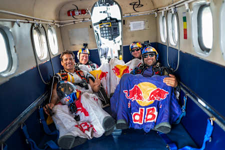 Fred Fugen, Sebastian Alvarez, Mike Swanson, and Andy Farrington gear up for the 2025 Aerial Performance Camp in the Bahamas, ready to showcase Red Bull’s high-flying spirit