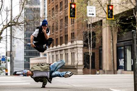 B-boy Issin and B-boy Shigekix from The Red Bull BC One Allstar Japan pose for a portrait prior to the Red Bull Lords of The Floor in Seattle, USA on April 6, 2024. 