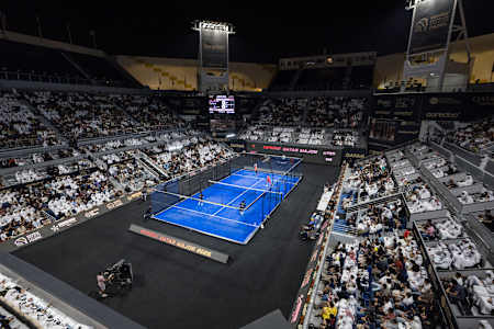 Alejandro Galán and Federico Chingotto face Arturo Coello and Agustin Tapia in the final match at the Ooredoo Qatar Major Premier Padel in Doha, April 2025.