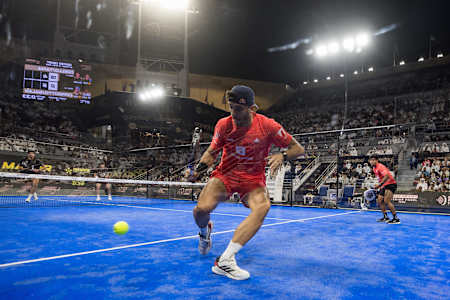 Alejandro Galan of Spain and Federico Chingotto of Argentina compete during the OOREDOO QATAR MAJOR PREMIER PADEL in Doha, Qatar on April 19, 2025. 