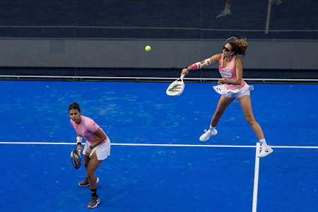 Gemma Triay Pons of Spain and Delfina Brea Senesi of Argentina compete during the OOREDOO QATAR MAJOR PREMIER PADEL in Doha, Qatar on April 19, 2025. 
