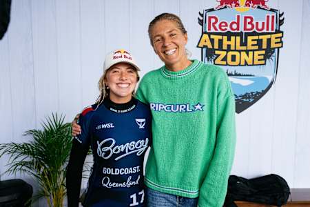Erin Brooks of Canada and  Eight-time WSL Champion Stephanie Gilmore of Australia after surfing in Heat 3 of the Quarterfinals at the Bonsoy Gold Coast Pro on May 10, 2025.