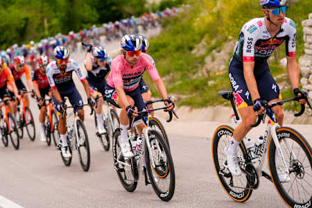 Primož Roglič of Red Bull - BORA - hansgrohe team during Stage 3 of the Giro d’Italia from Valona to Valona, Albania, on Sunday, May 11, 2025.