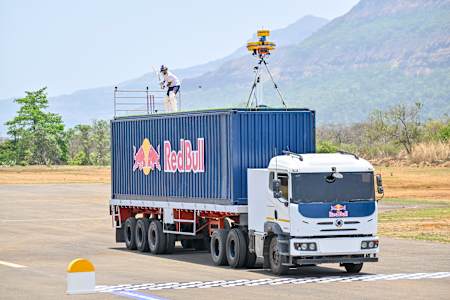 Cricket superstar KL Rahul in the Red Bull Cricket Challenges, facing deliveries on top of a Red Bull-branded truck