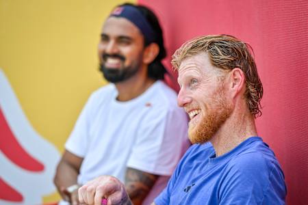 Ben Stokes and KL Rahul seen during the Cricket Challenges in Mumbai, India on April 25, 2025. 
