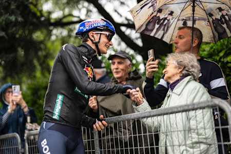 Red Bull - BORA - hansgrohe cyclist Giulio Pellizzari connects with fans during the 2025 Giro d'Italia in Piazzola sul Brenta, Italy.