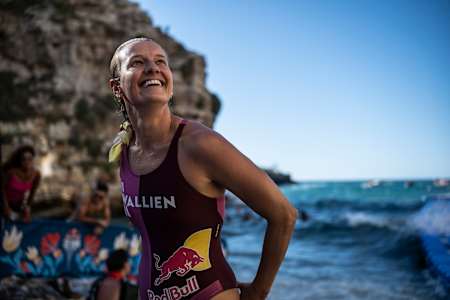 Rhiannan Iffland of Australia reacts after her final dive during the final competition day of the second stop of the Red Bull Cliff Diving World Series in Polignano a Mare, Italy on June 29, 2025.