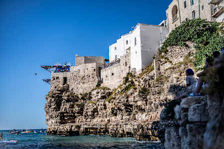 Catalin Preda of Romania dives from the 27 metre platform during the final competition day of the second stop of the Red Bull Cliff Diving World Series in Polignano a Mare, Italy on June 29, 2025.