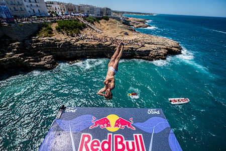 Gary Hunt of France dives from the 27 metre platform during the final competition day of the second stop of the Red Bull Cliff Diving World Series in Polignano a Mare, Italy on June 29, 2025.