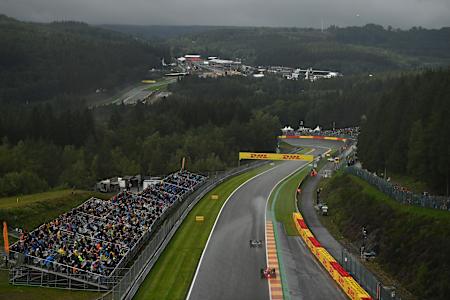 Max Verstappen and Lance Stroll during qualifying ahead of the F1 Grand Prix of Belgium at Circuit de Spa-Francorchamps on August 28, 2021 in Spa, Belgium