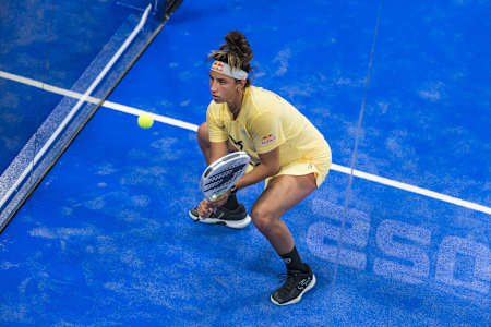Beatriz Gonzalez Fernandez of Spain in action at the OOREDOO QATAR MAJOR PREMIER PADEL in Doha, Qatar on April 18, 2025. 