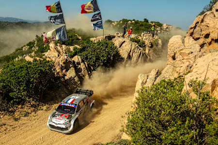 Sebastien Ogier of team TOYOTA GAZOO RACING WRT is seen performing during the  World Rally Championship Italy in Olbia, Italy on June 8, 2025.