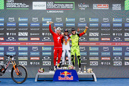 Jackson Goldstone, Loic Bruni and Henri Kiefer at UCI Mountain Bike World Cup 2025, Leogang, Austria.