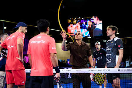 Alejandro Galan, Federico Chingotto, Daddy Yankee and Franco Stupaczu prior the finals of the Motorola Razr Miami Premier Padel P1 in Miami, USA on March 23, 2025.
