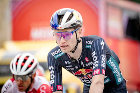 Aleksandr Vlasov of Red Bull - BORA - hansgrohe powers toward the finish during stage 18 of the 2024 La Vuelta Ciclista a España.