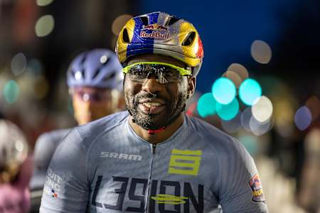 Justin Williams sports a Red Bull helmet and Legion jersey during the electrifying Red Bull Roundabout Rumble cycling event in Indianapolis, Indiana on April 5, 2025