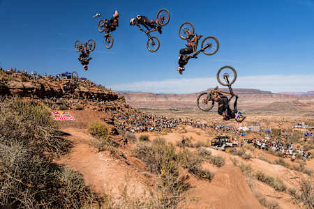 Szymon Godziek mengendarai sepeda saat final di Red Bull Rampage di Virgin, Utah, AS pada tanggal 12 Oktober 2024.
