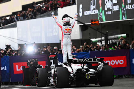 Race winner Max Verstappen of the Netherlands and Oracle Red Bull Racing celebrates on arrival in parc ferme during the F1 Grand Prix of Japan at Suzuka Circuit on April 06, 2025 in Suzuka, Japan.