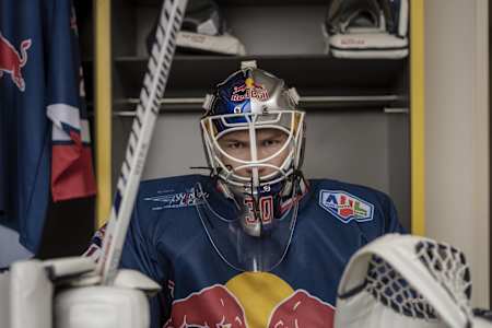 Nicolas Wieser poses for a portrait during the the Red Bull Academy Ice Hockey Team shoot in Salzburg on July 30, 2018.
