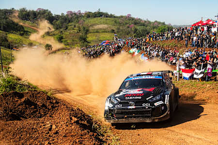 Sébastien Ogier and Vincent Landais of Toyota Gazoo Racing WRT unleash rally action at World Rally Championship Paraguay 2025 in Encarnacion, thrilling massive crowds.